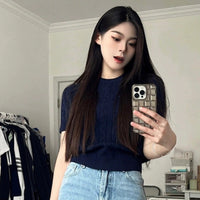 Retro Cable-Knit Crew-Neck Short-Sleeve Knit T-Shirt For Summer