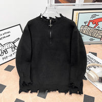Mens Heavyweight High-street Half-zip Distressed Sweater In American Style