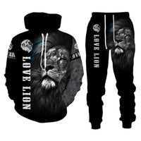 Lion Print Men Hooded Sweatshirt Set