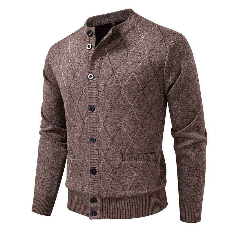 Fleece-lined Knit Sweater In Gray Wine Red Navy Blue And Camel
