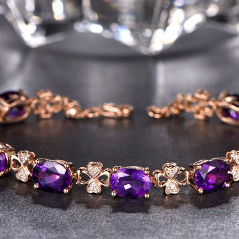 Ear Hook Purple Gemstone Diamond Ring Rose Gold Collarbone Necklace Set