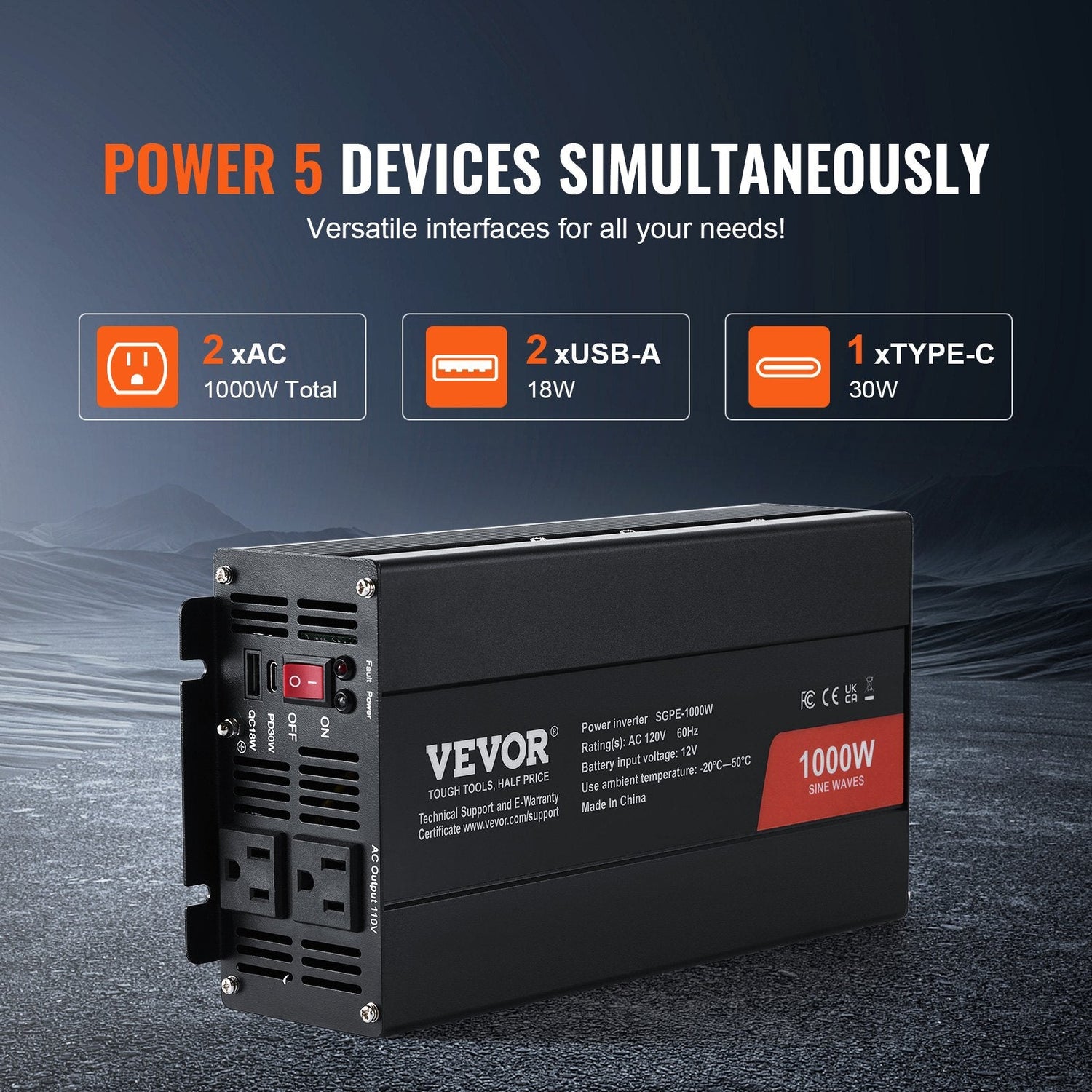 1000W Pure Sine Wave Inverter 12V to 110V/220V USB Type-C Remote