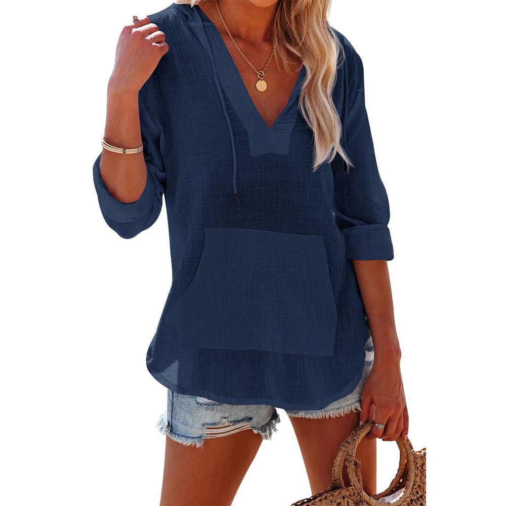 Women's V-Neck Hooded Long Sleeve Shirt