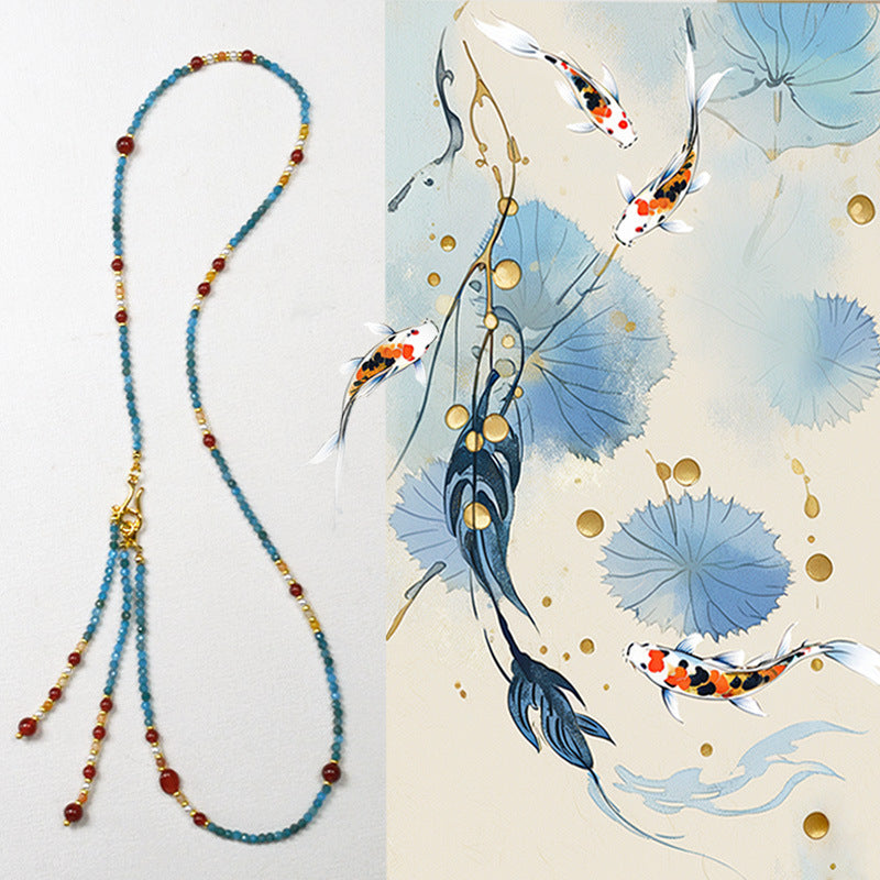 Removable Tassel Necklace With Apatite And Red Agate Beads
