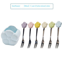 Creative SUNFLOWER Stainless Steel Fruit Fork Ceramic Storage Tank Kitchen Gadgets