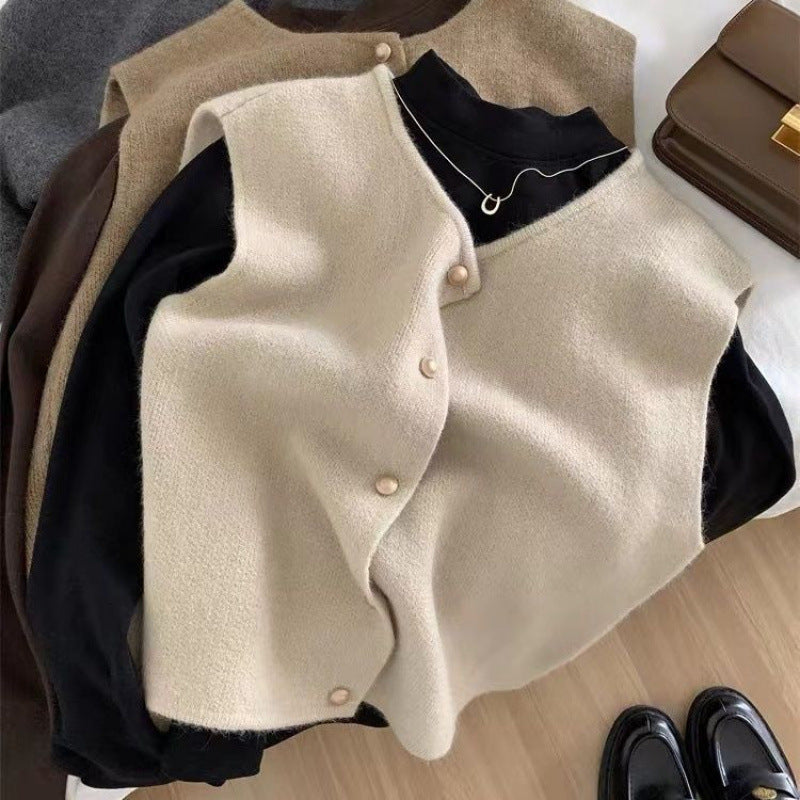 Womens Knitted V Neck Vest With Small Gold Buttons Single Breasted Cardigan Top
