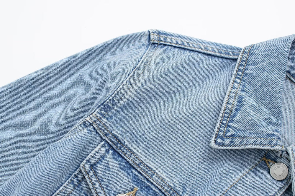 Elegant Notched Collar Long-Sleeve Distressed Denim Belted Dress For Women