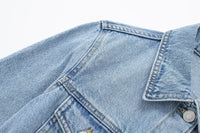 Elegant Notched Collar Long-Sleeve Distressed Denim Belted Dress For Women