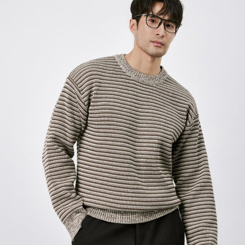 Mens Winter Warm Striped Crew-Neck Sweater