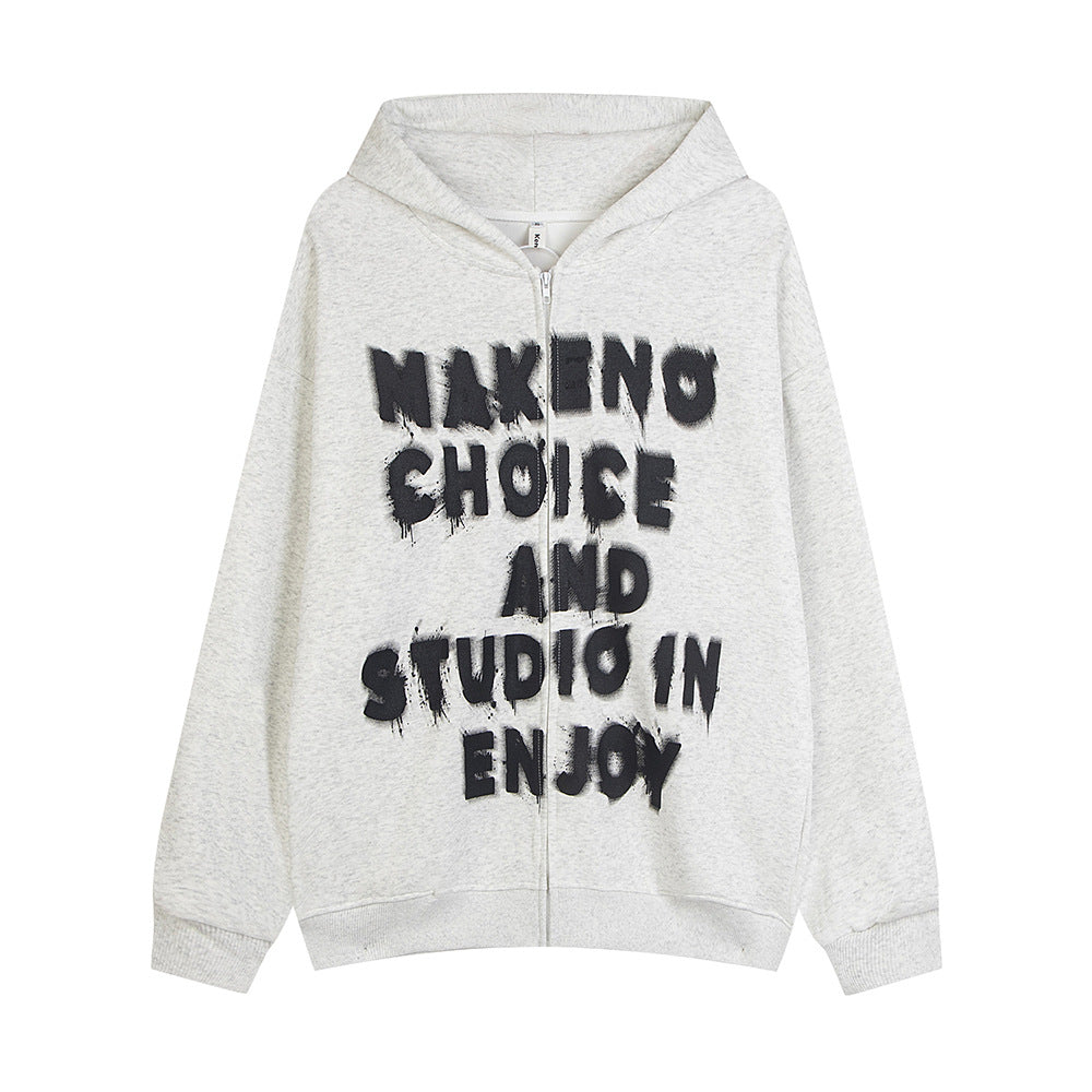 Loose Casual Letter Print Zipper Sweater