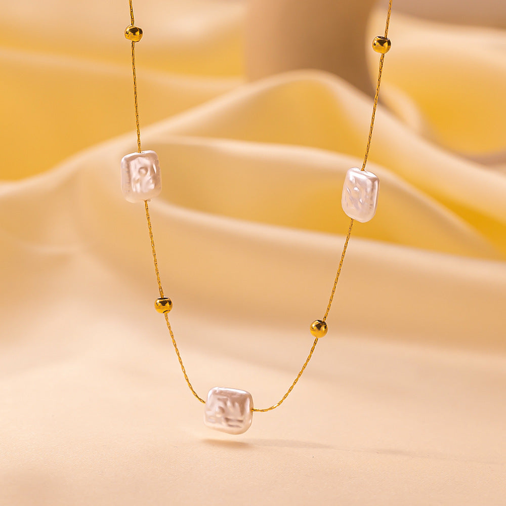 Niche Design Double-Layer Pearl Clavicle Vintage French-Style Artificial Pearl Titanium Steel Necklace