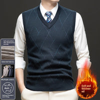 Mens Thickened Sleeveless Knitted Vest With V-Neck And Diamond-Check Pattern