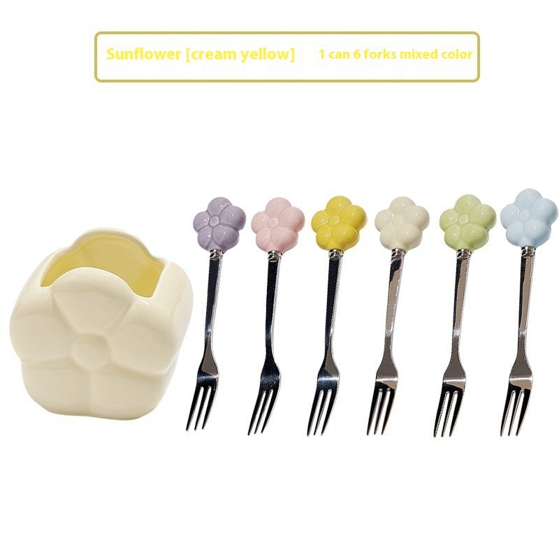 Creative SUNFLOWER Stainless Steel Fruit Fork Ceramic Storage Tank Kitchen Gadgets