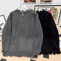 Mens Heavyweight High-street Half-zip Distressed Sweater In American Style
