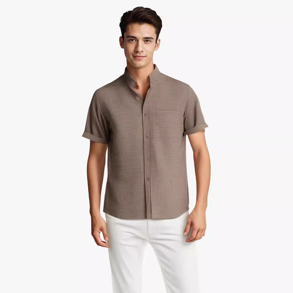 Solid-color Short-sleeved Lapel Shirt Summer Breathable Cotton And Linen