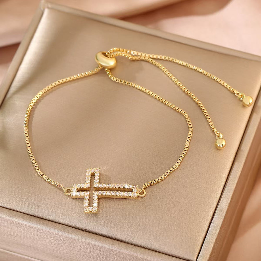 Fashionable Copper Bracelet With Full Diamond Cross Design