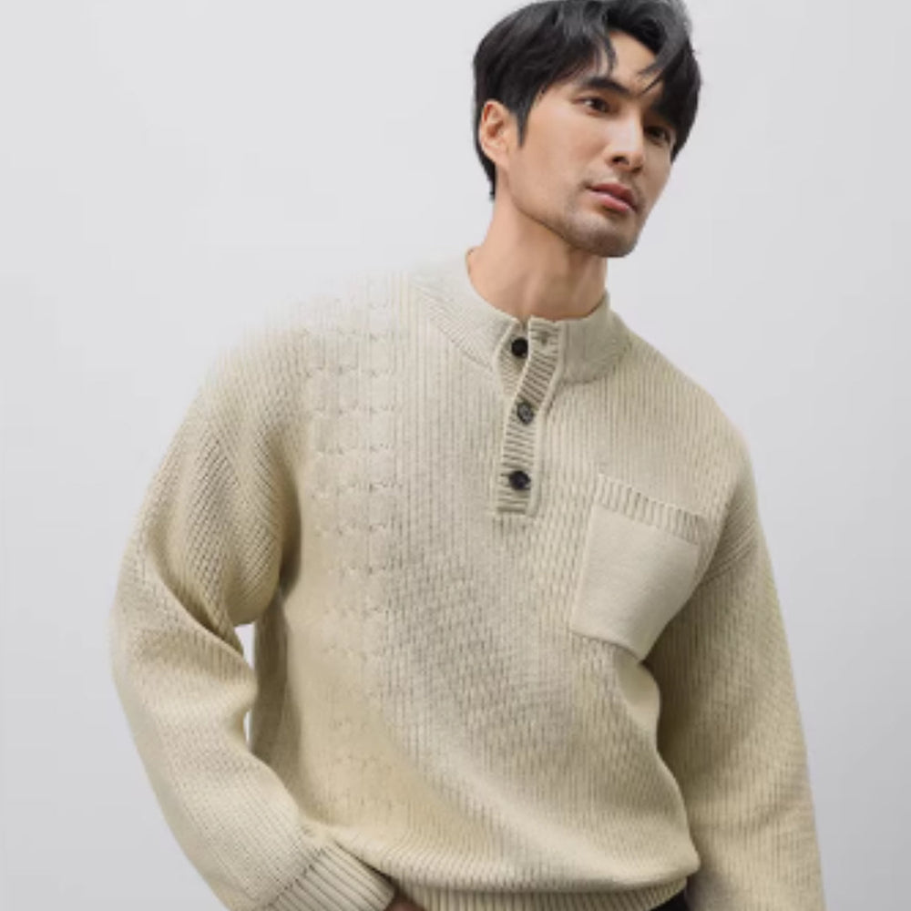 Men's Heavyweight Henley Collar Jacquard Thick Sweater