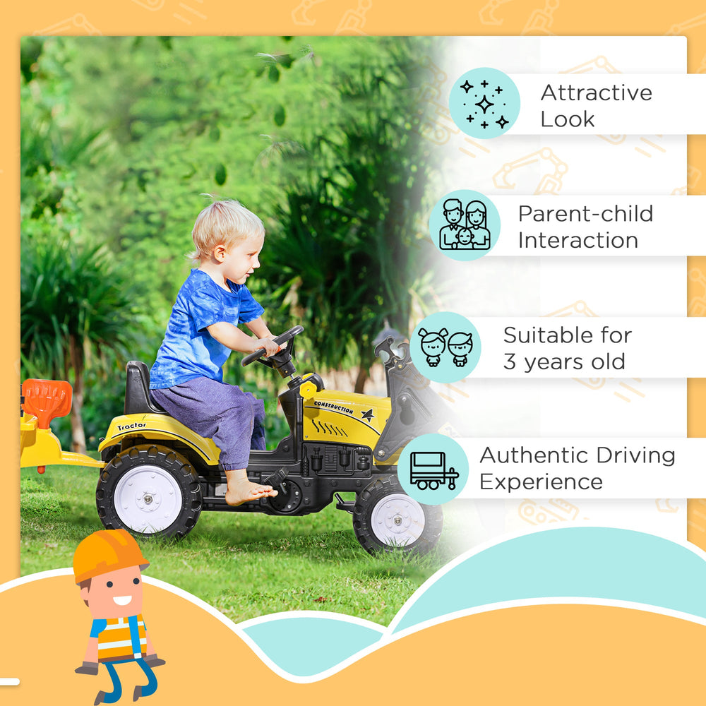 Ride-On Kids Bulldozer/Excavator Toy with Real Working Dirt Bucket, Easy Pedal Controls, 6 Wheels, & Cargo Trailer