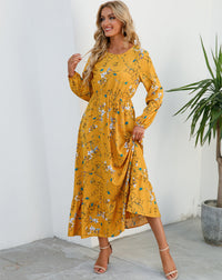 Womens Versatile Round-neck Floral Chiffon Dress