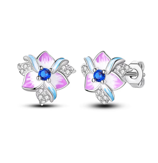 Pink Purple Iris Bunny Ear Hoop Earrings Copper Plated Silver Jewelry