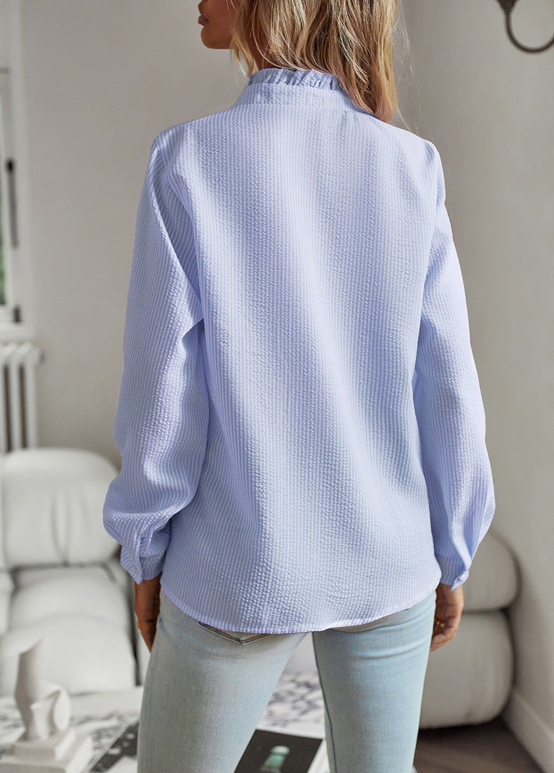 Elegant Striped Ruffle Button-Up Shirt for Women