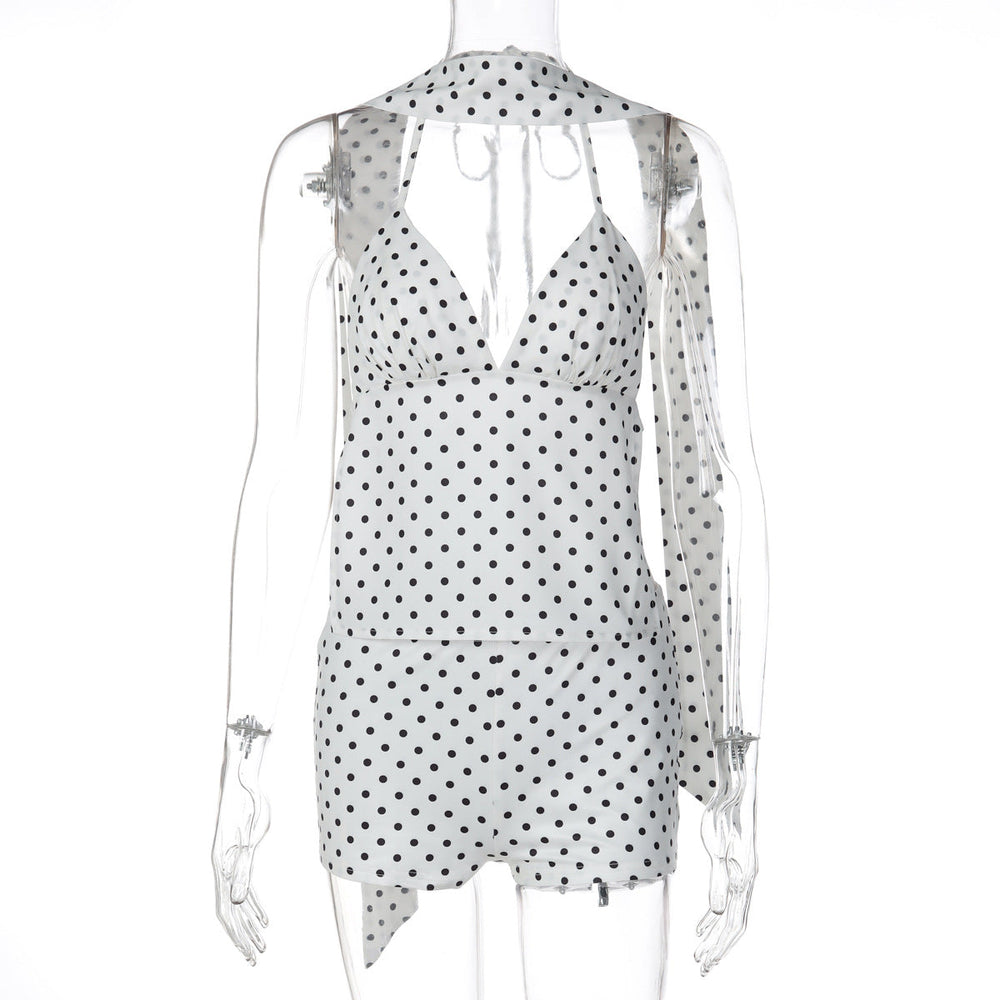 Winter Polka-Dot Lace-Up Camisole And Slim-Fit Shorts Two-Piece Set For Women