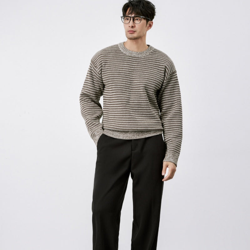 Mens Winter Warm Striped Crew-Neck Sweater
