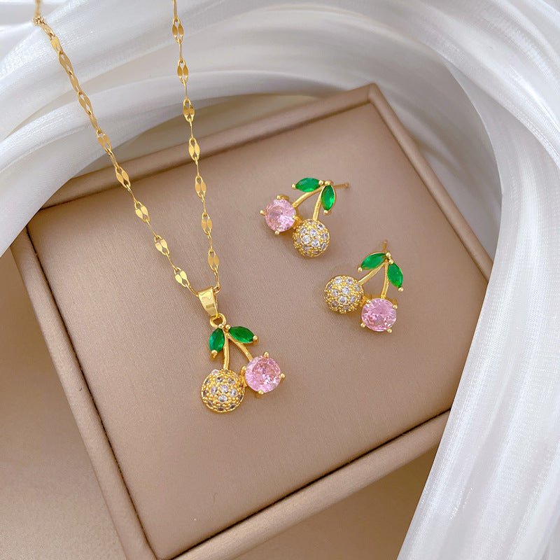 Cherry Diamond Micro Inlaid Real Gold Necklace Earrings