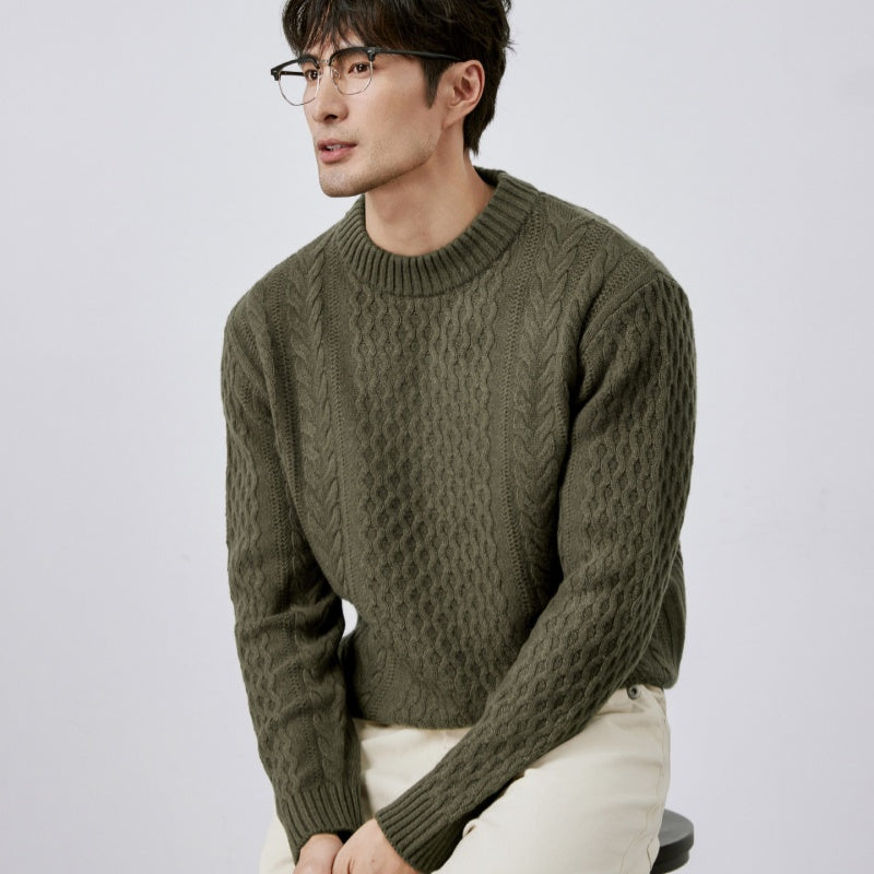 Mens Jacquard Crew-neck Knit Sweater Red Wool Sweater