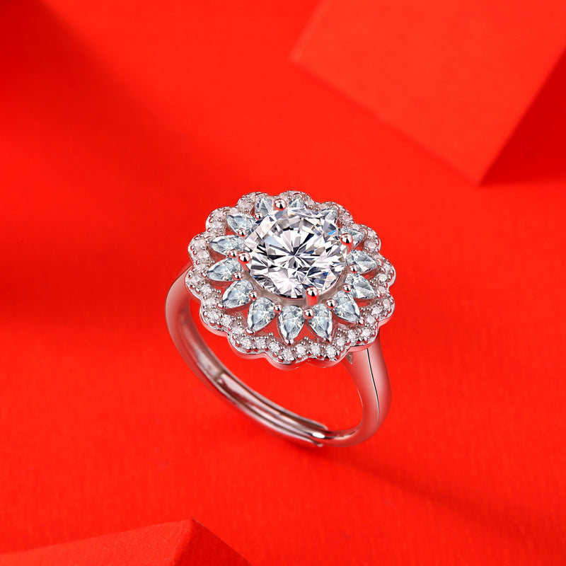 Women S925 Silver Moissanite Ring Flower Design Adjustable Fashion