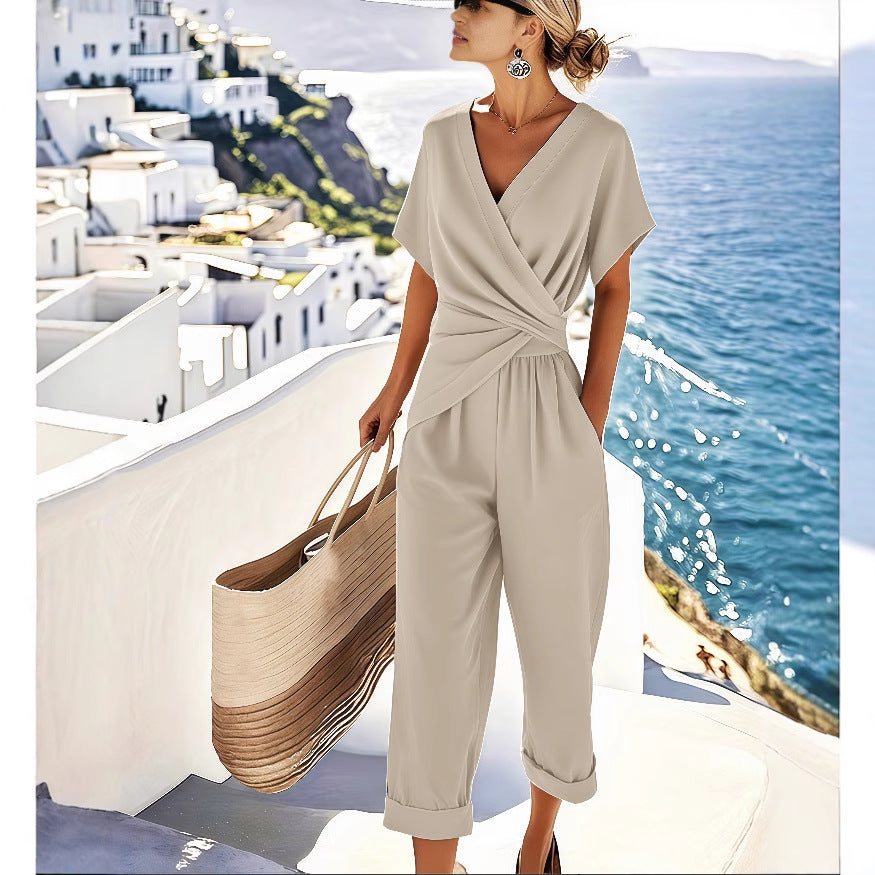 Women's Solid Color Two-Piece Summer Suit – V-Neck Top & Pants