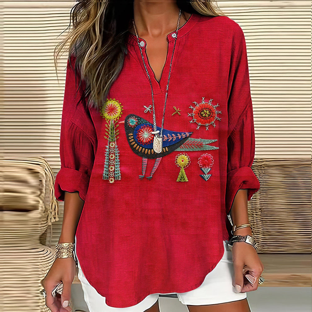 Womens Creative Printed V-Neck Long-Sleeve T-Shirt