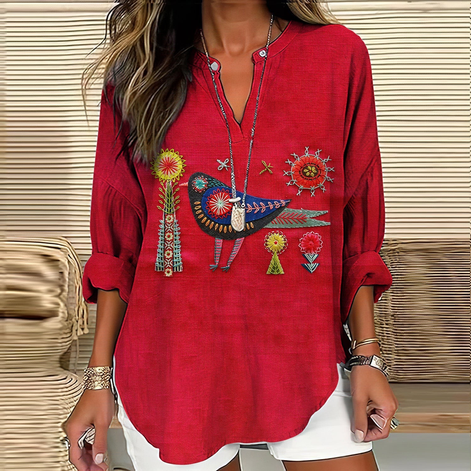 Womens Creative Printed V-Neck Long-Sleeve T-Shirt