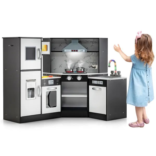 Interactive Kids Play Kitchen With Ice Maker & Chalkboard, Corner Design Pretend Cooking Set With Realistic Sound Effects-Coffee