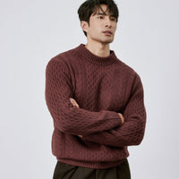 Mens Jacquard Crew-neck Knit Sweater Red Wool Sweater
