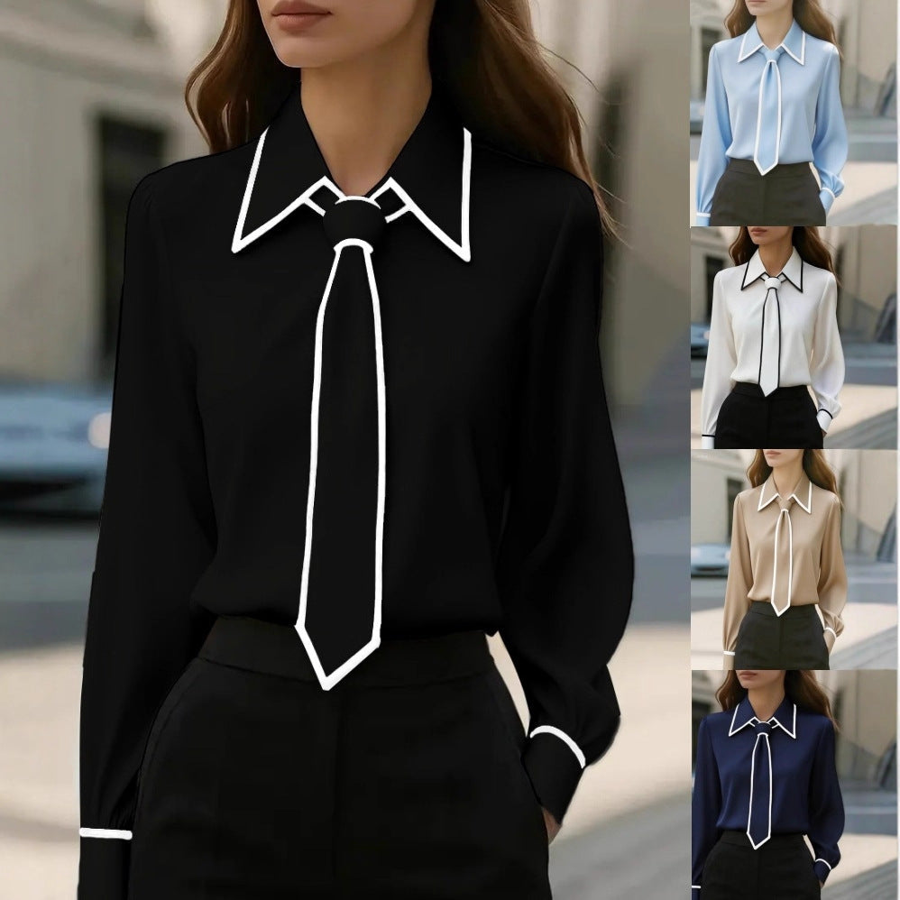 Women's Solid Color Tie-Front Long Sleeve Shirt