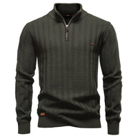 Mens Striped Jacquard Sweater With Half Zip And Stand Collar
