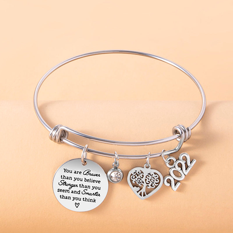 Crystal Heart Tree Of Life Charm Bracelet Inspirational Adjustable Stainless Steel Bangle