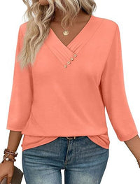 European And American New Autumn Women's Clothing Button V-neck Fashion Casual Sleeve T-shirt