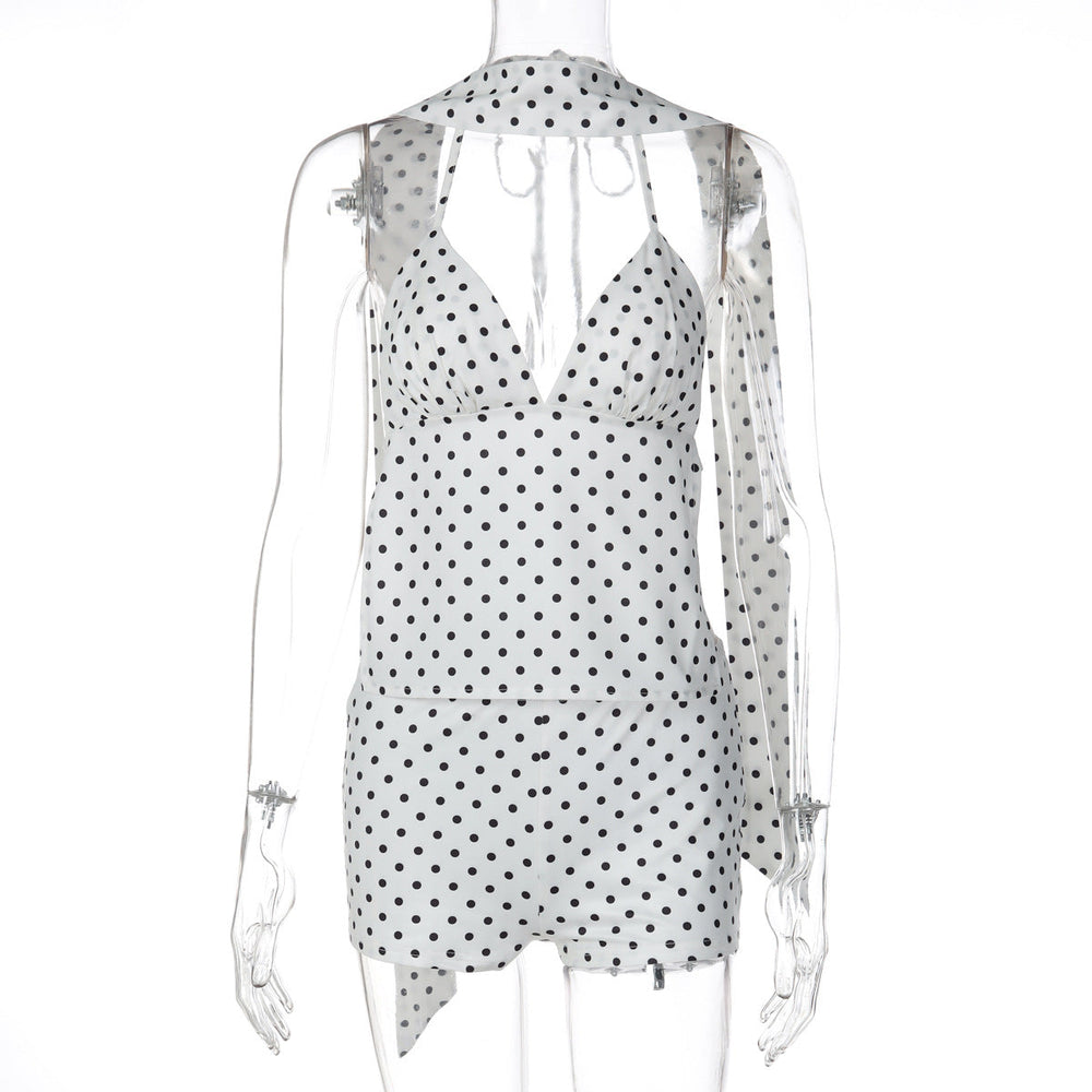 Winter Polka-Dot Lace-Up Camisole And Slim-Fit Shorts Two-Piece Set For Women