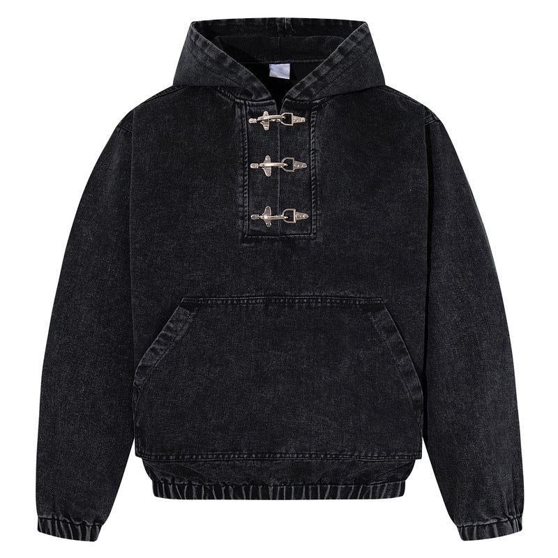 Mens Black Hoodie With Distressed Wash And Lobster-claw Button Detailing