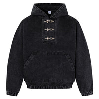 Mens Black Hoodie With Distressed Wash And Lobster-claw Button Detailing