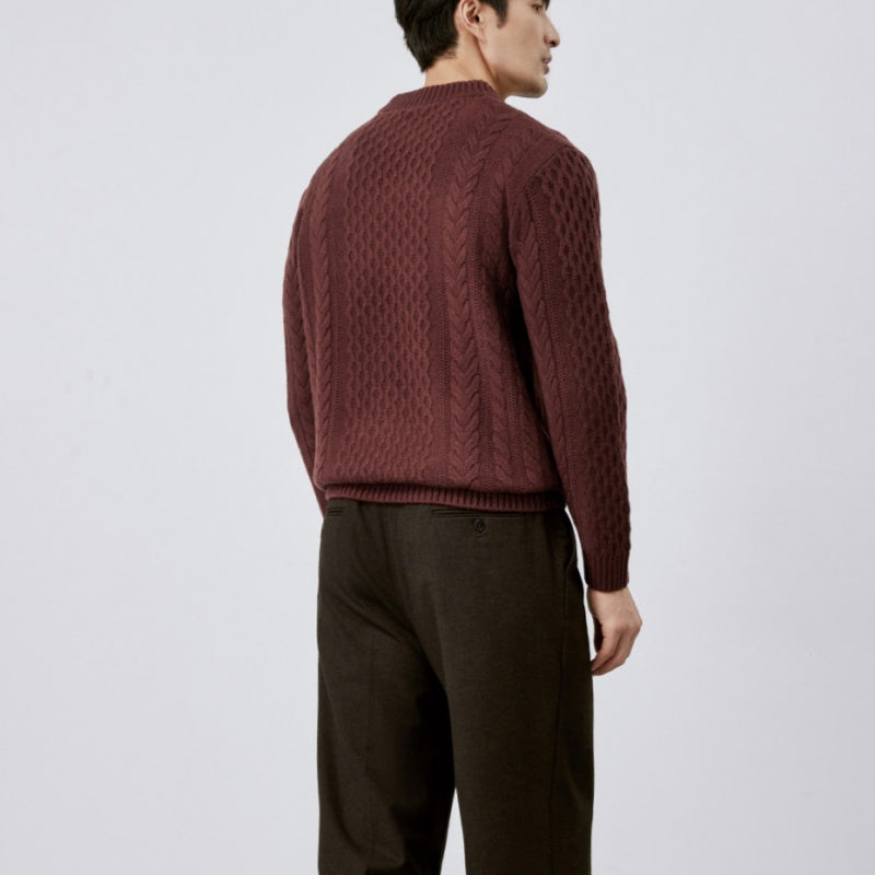 Mens Jacquard Crew-neck Knit Sweater Red Wool Sweater