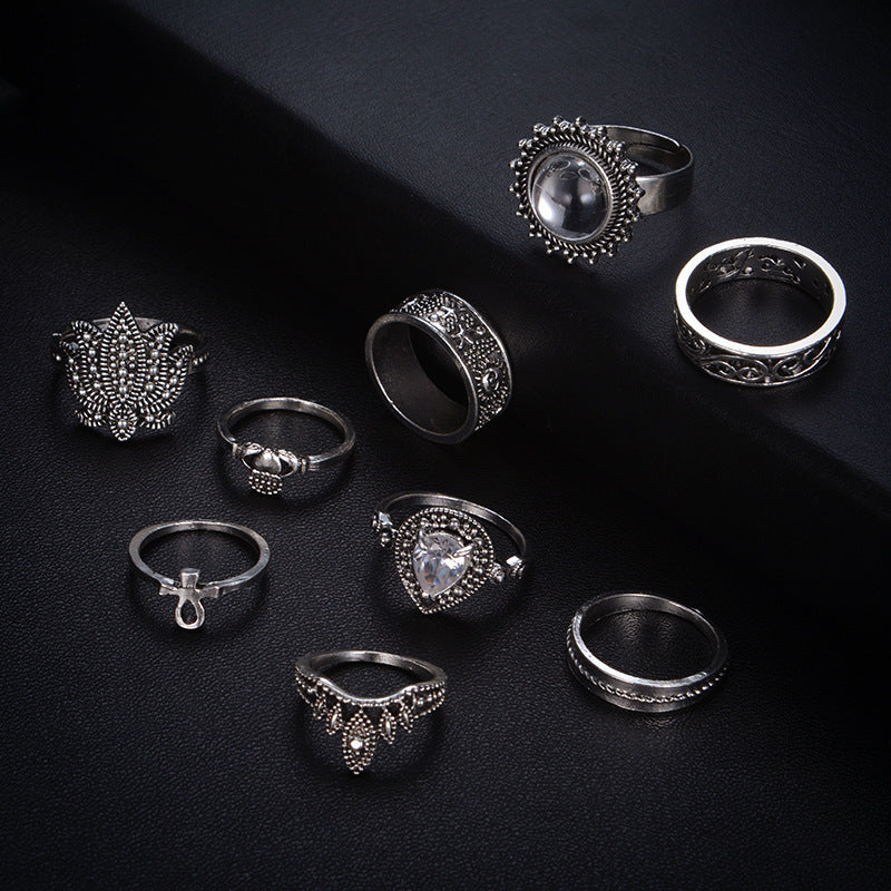 Retro Ethnic-Style Joint Ring Set Of 9 With Bold Gemstone Combinations