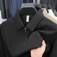 Mens Long-Sleeve Waffle-Textured American-Style Half-Zip Polo Shirt