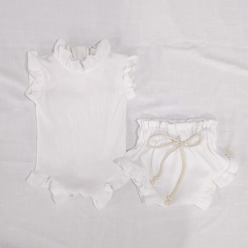 Nfant Sunken Stripe Thread Short Sleeve Wooden Ear Rompers Jumpsuit Plus Shorts Suit Baby Rompers