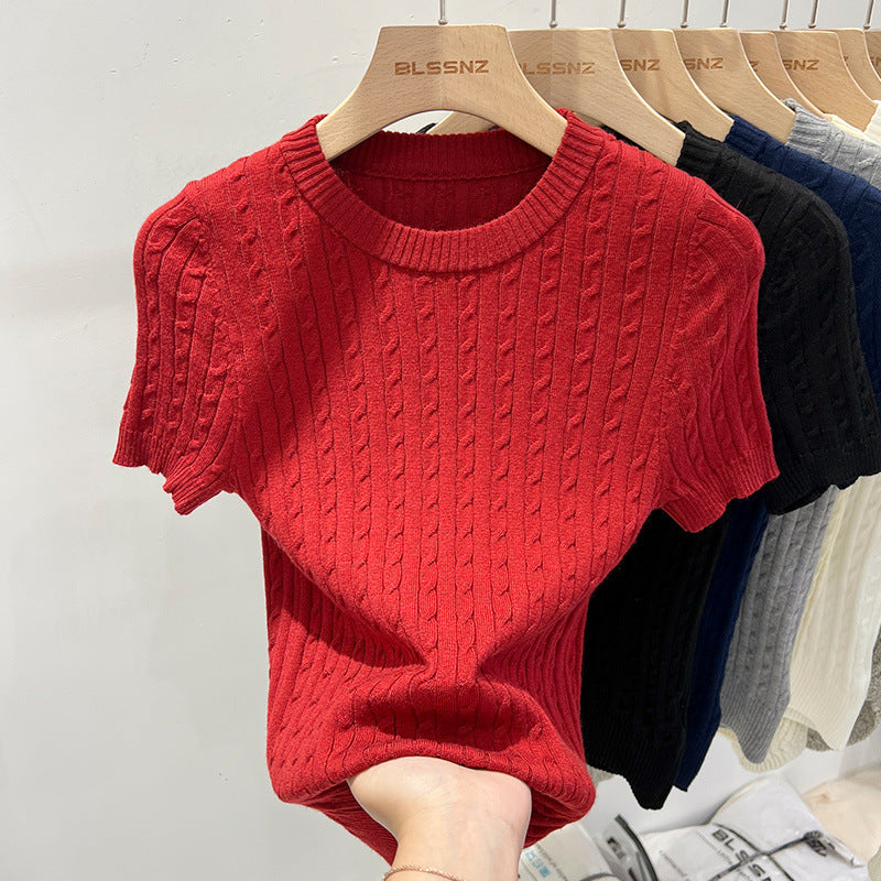 Retro Cable-Knit Crew-Neck Short-Sleeve Knit T-Shirt For Summer