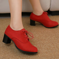 Womens Deep-v Cut Shoes With A Round Toe Chunky Heel And Matte Finish Featuring Front Lacing