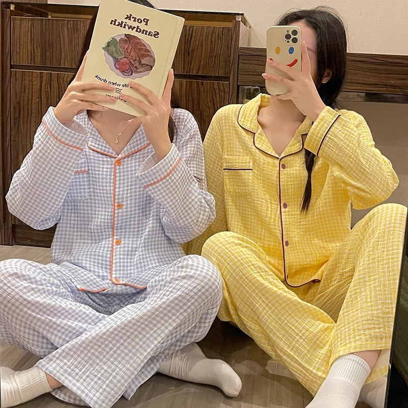 Yellow Plaid Long Sleeve Couple Simple Homewear Suit