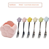 Creative SUNFLOWER Stainless Steel Fruit Fork Ceramic Storage Tank Kitchen Gadgets
